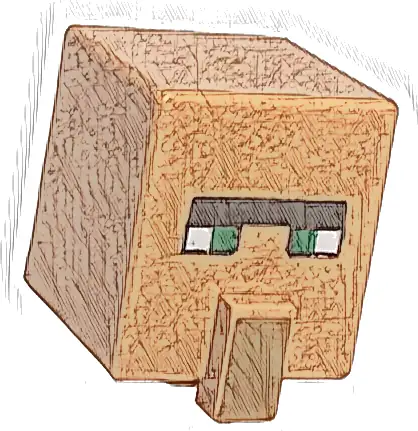 Minifigure, Head, Modified Cube Tall with Raised Rectangle with Pixelated Dark Brown Narrow Unibrow, Green Eyes, and Medium Nougat Nose Pattern