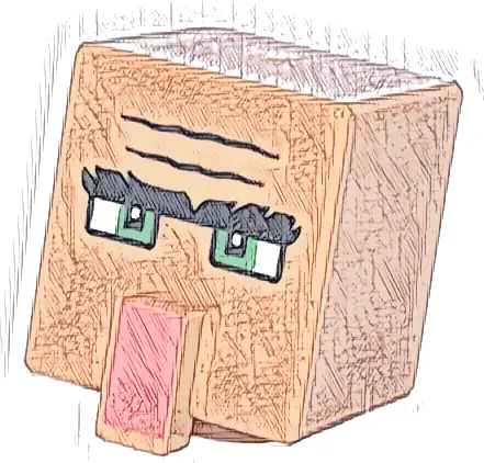 Minifigure, Head, Modified Cube Tall with Raised Rectangle with Black Forehead Creases and Bushy Unibrow, Green Eyes and Coral Nose Pattern (Minecraft Villager)