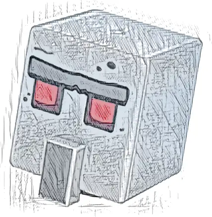Minifigure, Head, Modified Cube Tall with Raised Rectangle with Stone Unibrow, Square Red and Dark Red Eyes and Dark Bluish Gray Nose Pattern (Minecraft Iron Golem)