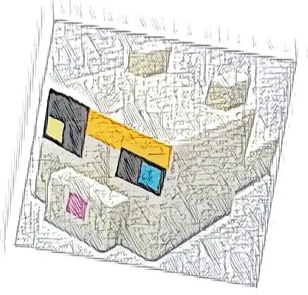 Creature Head Pixelated with Ears, Nose, and Face with Dark Azure and Bright Light Yellow Eyes, Bright Pink Nose, Dark Brown and Bright Light Orange Spots Pattern (Minecraft Calico Cat)