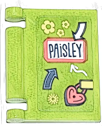 Minifigure, Utensil Book Cover with Diary with Dark Blue and White Arrows and 'PAISLEY', Coral Heart Lock, Bright Light Yellow Flowers Pattern (Sticker) - Set 42647