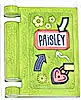 Część LEGO® 24093pb099 Minifigurka, okładka książki z pamiętnikiem z ciemnoniebieskimi i białymi strzałkami i napisem 'PAISLEY', koralowym zamkiem w kształcie serca, jaskrawożółtymi kwiatami (naklejka) - Zestaw 42647