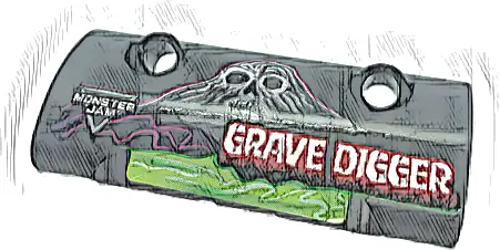 Technic, Panel Curved 7 x 3 with 2 Pin Holes through Panel Surface with White 'GRAVE DIGGER', Skull and Logo 'MONSTER JAM' Pattern Model Left Side (Sticker) - Set 42118