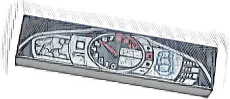 Tile 1 x 4 with Dashboard Display with Car Outline and Silver and Red Speedometer Gauge Pattern