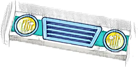 Tile 1 x 4 with Bright Light Blue Vehicle Grille, Yellowish Green and Yellow Headlights, and Dark Turquoise Bumper Pattern