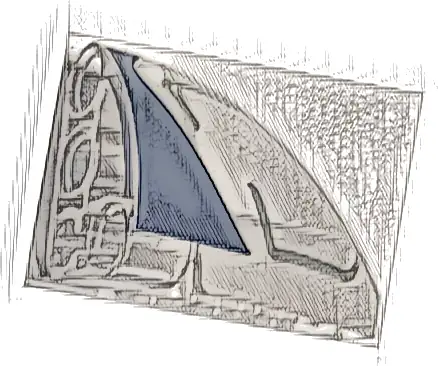 Technic, Panel Curved 5 x 3 x 2 Corner Quarter Ellipse, Left with Dark Blue Edge and Silver Lines Pattern