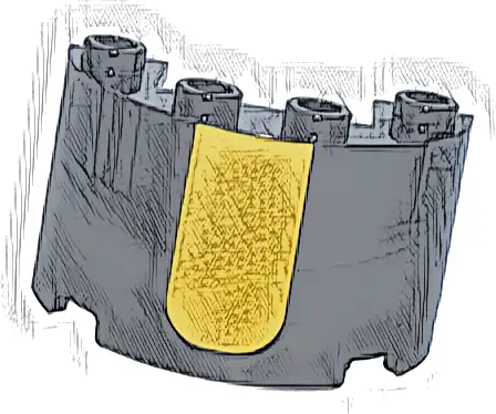 Cylinder Half 2 x 4 x 2 with 1 x 2 Cutout with Yellow Rectangle with Rounded Lower Edge Pattern