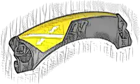 Technic, Panel Car Mudguard Arched #42 9 x 2 x 3 Rounded Top with Dark Silver Air Vents and White X on Yellow Background Pattern Model Left Side