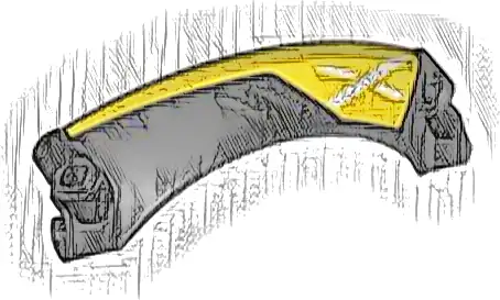 Technic, Panel Car Mudguard Arched #42 9 x 2 x 3 Rounded Top with Dark Silver Air Vents and White X on Yellow Background Pattern Model Right Side