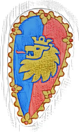Minifigure, Shield Oval with Gold Border and Lion Head on Blue and Red Background Pattern