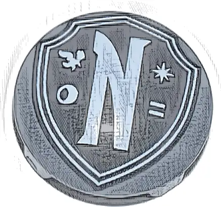 Plate, Round 2 x 2 with Rounded Bottom (Boat Stud) with Black Nevermore Academy Shield Emblem with White Border, Letter N, Raven, Moon, Star, and Equal Sign Pattern