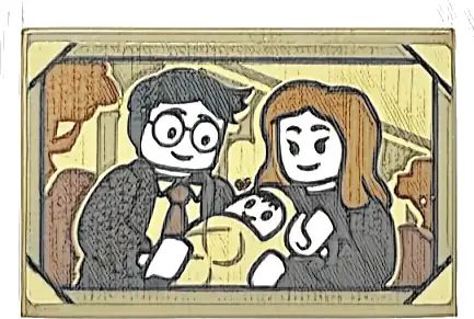Tile 2 x 3 with James and Lily Potter with Baby Harry Minifigures Portrait, Dark Tan and Tan Frame Pattern (Sticker) - Set 76425