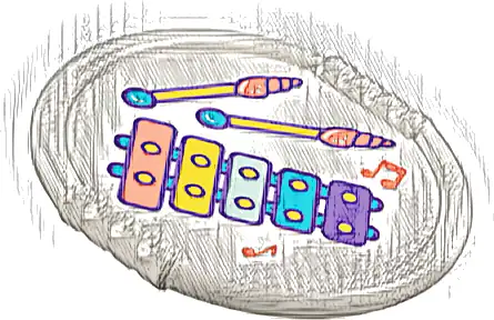 Duplo Utensil Disk with Coral, Bright Light Orange, Bright Light Blue, Dark Azure, Dark Purple Xylophone, Shell Mallets and Music Notes Pattern