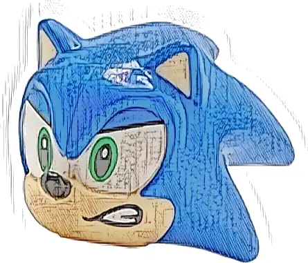 Minifigure, Head, Modified Hedgehog, Sonic with Molded Light Nougat Face and Inner Ears and Printed Bright Green Eyes on White Background, Blue Eyelids, Black Nose and Open Mouth Smirk with Teeth to L