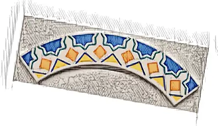 Tile, Round Corner 4 x 4 Macaroni with Blue Half Stars with Dark Turquoise Outlines, Orange Squares and Bright Light Orange Triangles Pattern