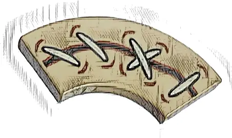 Tile, Round Corner 2 x 2 Macaroni with Dark Brown Line / Tear with White Stitches and Reddish Brown Stitch Holes Pattern