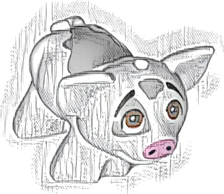 Pig, Friends with Black Eyebrows, Reddish Brown Eyes Looking Up, Bright Pink Nose, and Dark Bluish Gray Smooth Spots Pattern (Pua)