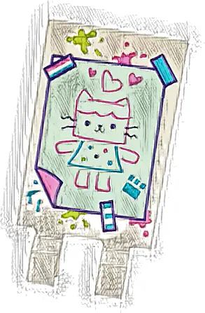 Tile, Modified 2 x 3 with 2 Open O Clips with Light Aqua Cat Picture with Hearts, Tape and Dark Pink, Lime and Medium Azure Paint Splotches Pattern