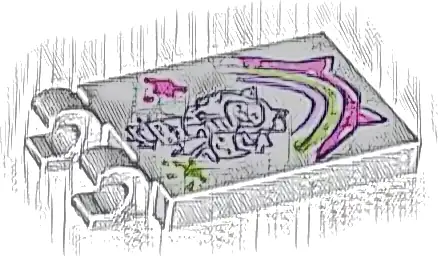 Tile, Modified 2 x 3 with 2 Open O Clips with Dark Purple Drawing of Gabby and Kittens, Dark Pink, Lavender and Lime Rainbow with Cat Ears Painting and Paint Splotches Pattern