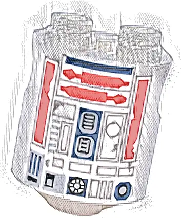 Brick, Round 2 x 2 x 2 Robot Body with Bottom Axle Holder (x Shape / + Orientation) with SW Astromech Droid Light Bluish Gray Rectangles, Red Utility Arms, Dark Blue Center Panel Pattern