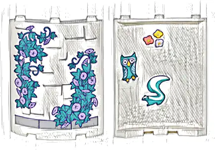 Cylinder Quarter 4 x 4 x 6 with Dark Bluish Gray Brick Outlines and Dark Turquoise Vines on Outside, and Owl, Skunk, and 3 Flowers on Inside Pattern (Stickers) - Set 43205