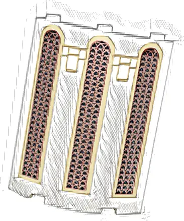 Cylinder Quarter 4 x 4 x 6 with Black Narrow Arched Windows with Copper Lattice Screens and Tan Frames Pattern