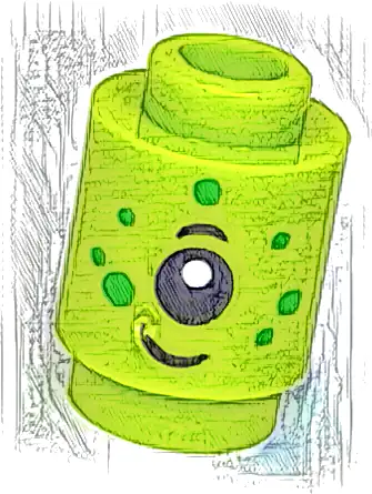 Brick, Round 1 x 1 with Alien Face with Black Eyebrow, Eye, Grin, and Bright Green Spots Pattern