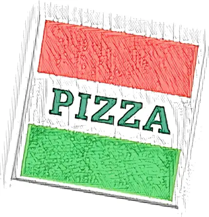 Tile 2 x 2 with Red and Green Stripes and Dark Green 'PIZZA' Pattern (Pizza Box)