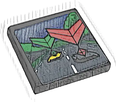 Tile 2 x 2 with Screen with Road, Cars, Trees, Sky, and Green and Red Chevrons Pattern (Sticker) - Set 42096