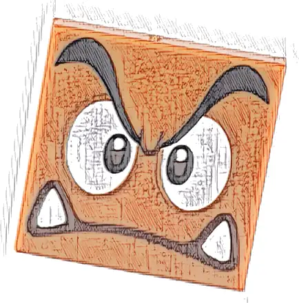 Tile 2 x 2 with Black Eyebrows, Dark Brown and White Eyes Looking Straight, Angry Frown with Bottom Fangs Pattern (Super Mario Goomba Face)