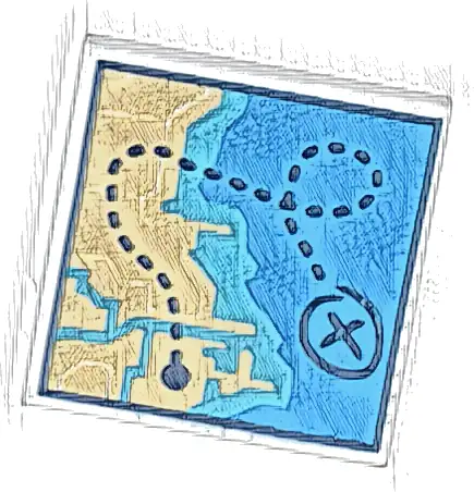 Tile 2 x 2 with Map of Coastline with Tan Land, Dark Azure and Medium Azure Water, and Dark Blue Dotted Line with 'X' Pattern
