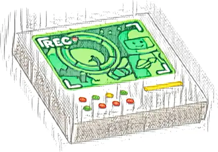 Tile 2 x 2 with Dark Green Screen with 'REC' and Classic Space Minifigure, and Red, Bright Green and Yellow Lights and Line Pattern