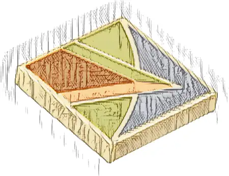 Tile 2 x 2 with Dark Orange, Olive Green, Nougat, and Sand Blue Angular Shapes Pattern