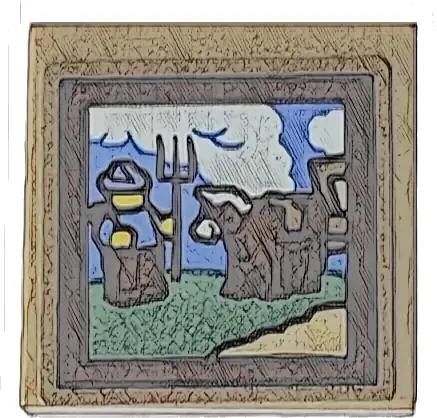 Tile 2 x 2 with Painting of Sand Green and Tan Landscape with Medium Blue Sky, White Clouds, Black Pitchfork, Farmer, Dark Brown Cow and Frame Pattern (Sticker) - Set 10325