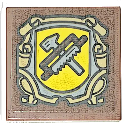 Tile 2 x 2 with Yellow Shield, Tan Frame and Saw and Hammer Pattern (Sticker) - Set 10332