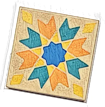 Tile 2 x 2 with Orange and Dark Turquoise Chevrons, Yellow Diamonds, Blue Star Pattern