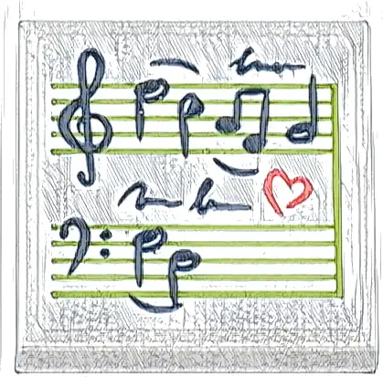 Tile 2 x 2 with Sheet Music with Black Notes, Treble and Bass Clef, Lime Lines / Staves, Coral Heart Pattern (Sticker) - Set 42647