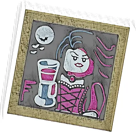 Tile 2 x 2 with Portrait of Vampire Minifigure with Magenta Dress Holding Goblet, White Moon and Bats on Black Background Pattern