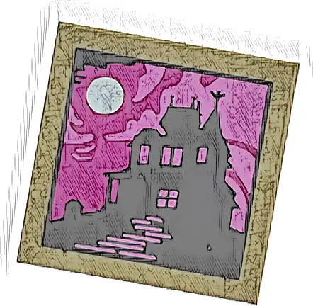 Tile 2 x 2 with Picture of Black Haunted Mansion Silhouette and White Moon on Magenta and Dark Pink Background Pattern