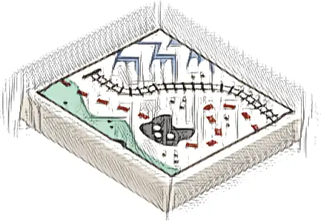 Tile 2 x 2 with Map, Sand Blue Mountains, Black Train Tracks and Wolf Head, Reddish Brown Dotted Line Path, Sand Green Area Pattern