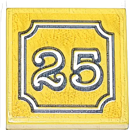 Tile 2 x 2 with White, Black and Dark Blue Plaque Outline and '25' on Bright Light Orange Background Pattern (Sticker) - Set 42671