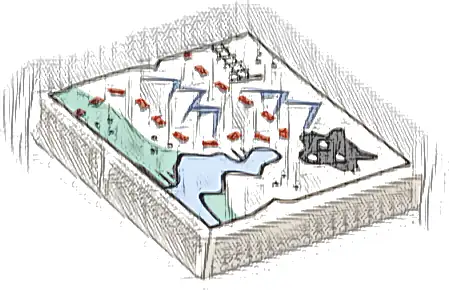 Tile 2 x 2 with Map, Sand Blue Mountains, Black Train Tracks and Wolf Head, Reddish Brown Dotted Line Path, Medium Blue Bay Pattern