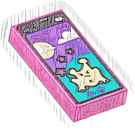 Tile 1 x 2 with Cell Phone / Smartphone with Game with Bright Light Yellow Alien on Dark Turquoise Hill, Sun, Clouds, and Dark Purple Sky Pattern
