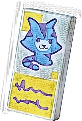 Tile 1 x 2 with Medium Blue Cat, Yellow Squares and Dark Purple Scribbles in Rectangle Pattern
