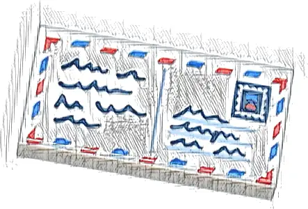 Tile 1 x 2 with Red and Blue Lines, Dark Blue Square and Scribbles Pattern (Air Mail Envelope / Postcard with Stamp)