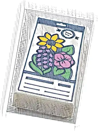 Tile 1 x 2 with Seed Packet with Dark Blue Lines and Bright Light Orange, Dark Pink and Medium Lavender Flowers with Bright Green Leaves Pattern