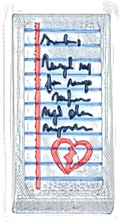 Tile 1 x 2 with Note Paper with Medium Blue Lines, Coral Margin and Broken Heart, Dark Blue Script Pattern (Sticker) - Set 42647