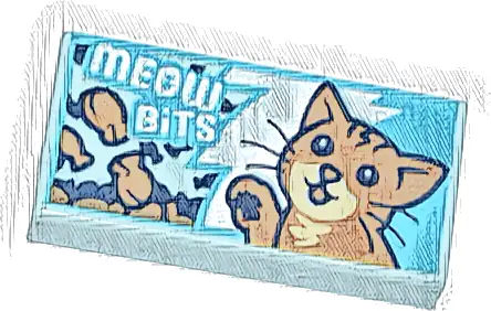 Tile 1 x 2 with 'MEOW BiTS' and Medium Nougat and Tan Cat on White and Medium Azure Jagged Background Pattern