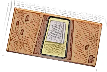 Tile 1 x 2 with White and Bright Light Yellow Trapezoid with Black Outline, Dark Orange Border and Spots Pattern (Minecraft Great Hog Eye)