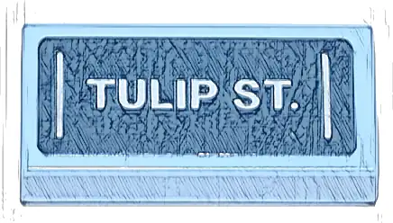 Tile 1 x 2 with Dark Blue Street Sign with White 'TULIP ST.' and Vertical Lines Pattern (Sticker) - Set 42671